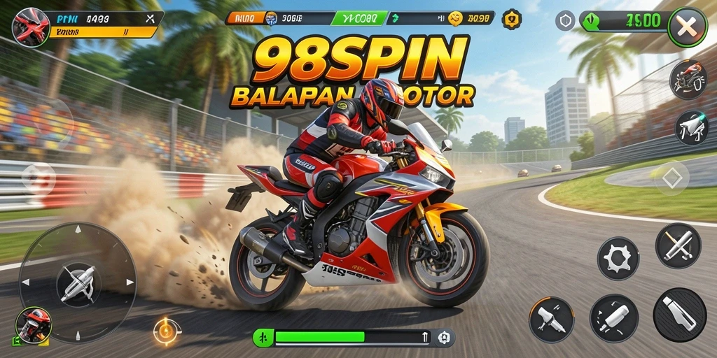 Screenshot gameplay 98SPIN yang menampilkan aksi balapan motor yang seru.