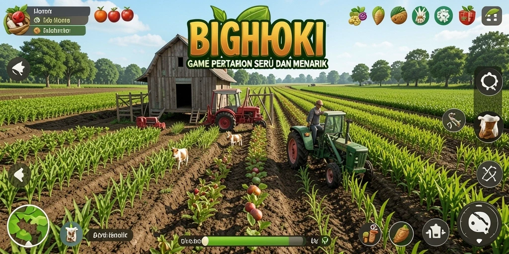 Tampilan gameplay BIGHOKI yang menarik dengan elemen pertanian.