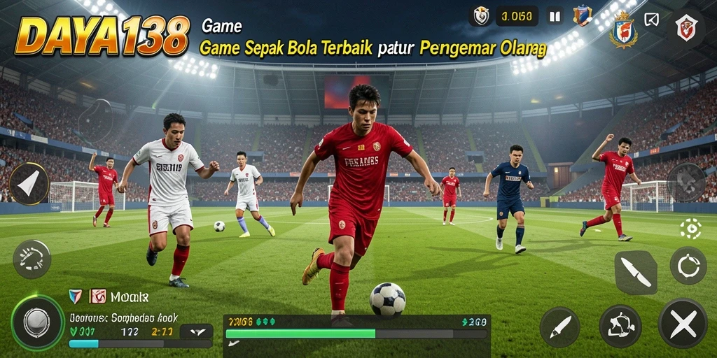Tangkapan layar utama menunjukkan aksi seru dalam game sepak bola.