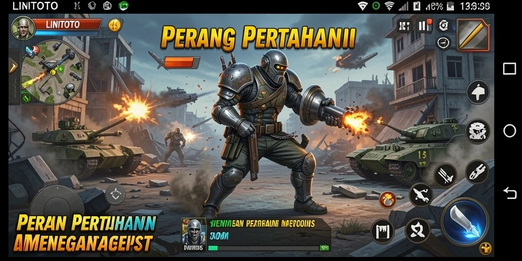 Tampilan menara dan musuh dalam gameplay LINITOTO.