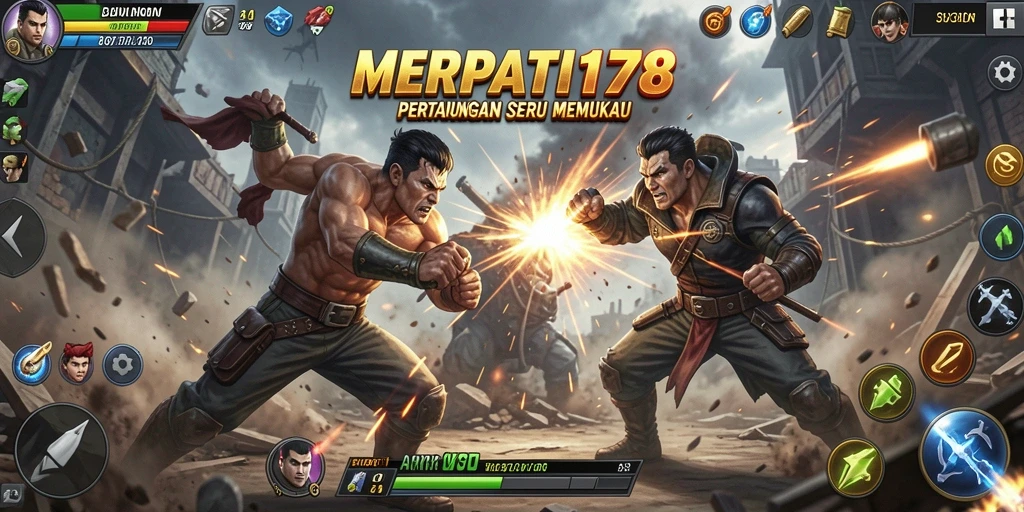 Tangkapan layar utama memperlihatkan aksi seru dalam MERPATI178 dengan karakter bertarung.