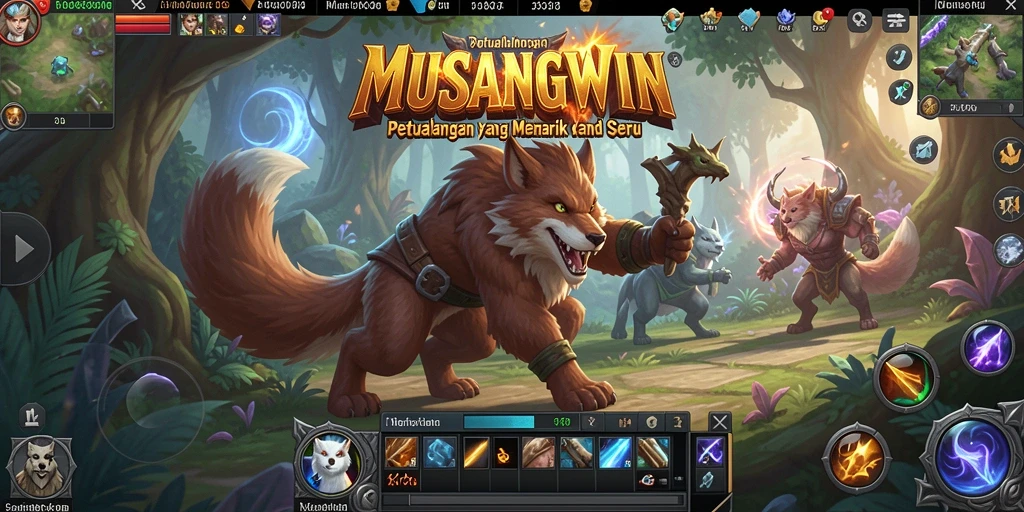 Tangkapan layar gameplay <strong>MUSANGWIN</strong> menampilkan pertempuran seru dan dunia yang indah.