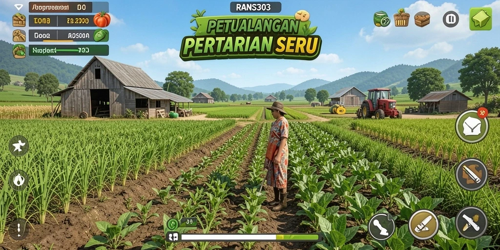 Tangkapan layar gameplay RANS303 menampilkan aktivitas bertani yang seru.