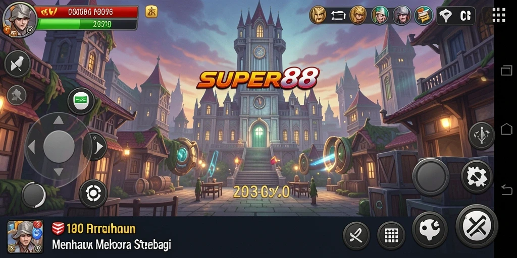 Gameplay SUPER88 menampilkan menara dan musuh yang menegangkan.